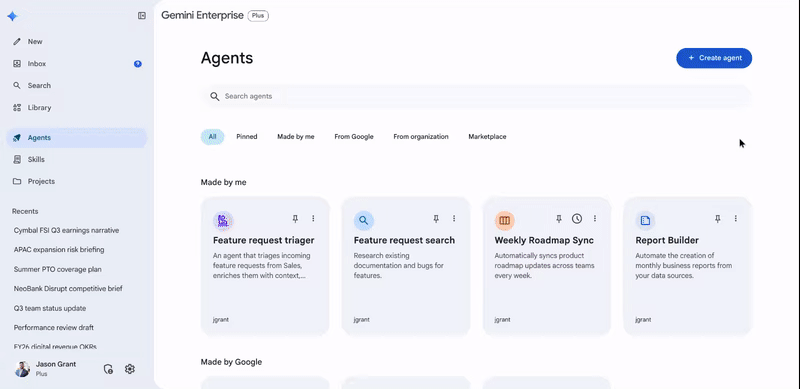 Giao diện Agent Gallery trong Gemini Enterprise