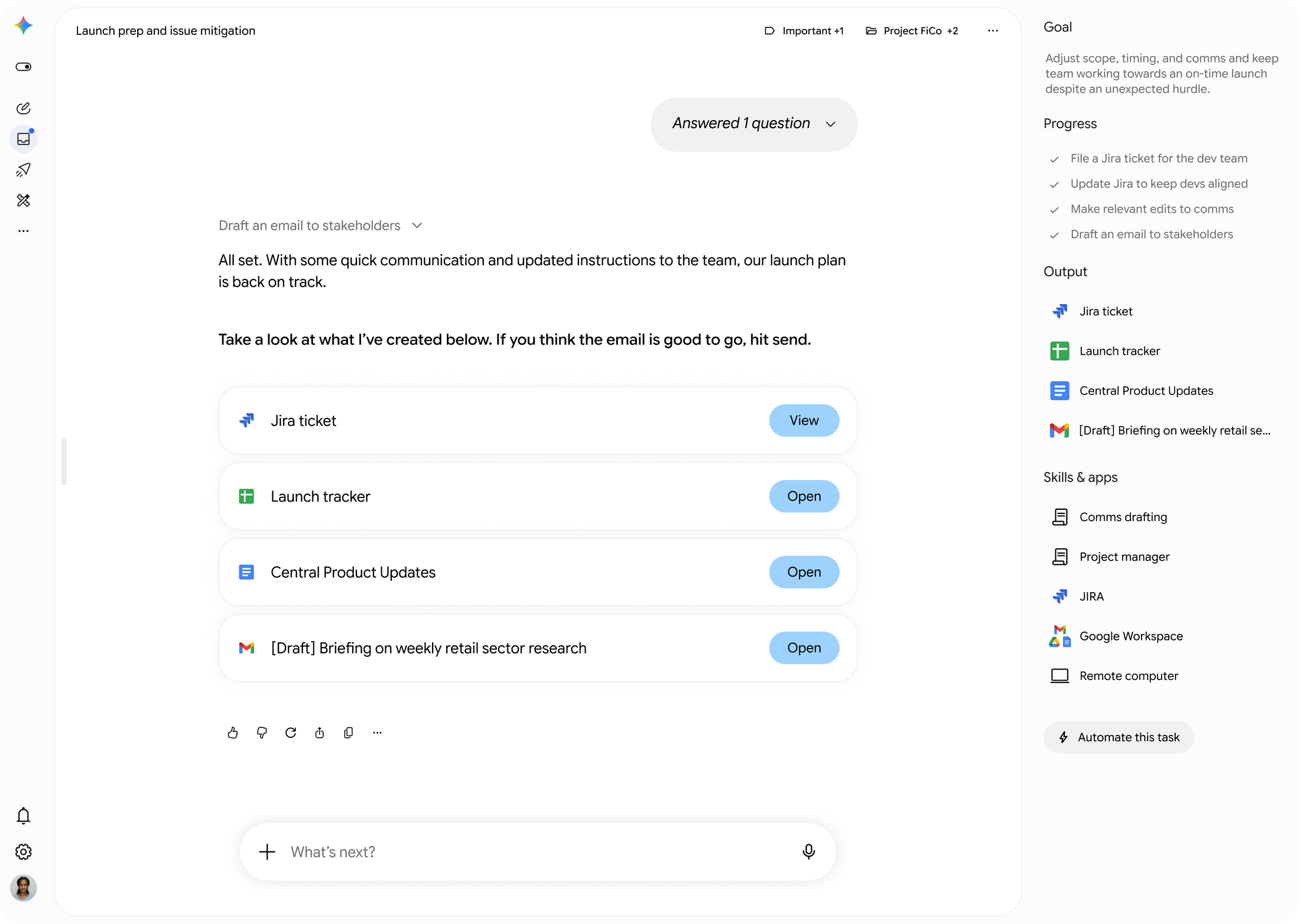 Giao diện Gemini Spark đang soạn thảo email cho các bên liên quan.