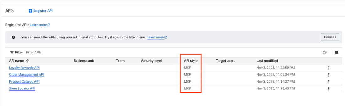 Các proxy MCP đã triển khai được tự động đăng ký trong Apigee API hub