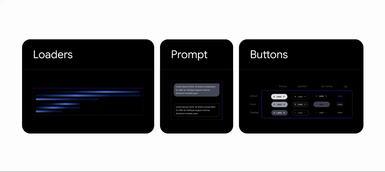 Các thành phần UI có sẵn trong thư viện component của Google Cloud, bao gồm loaders, prompts và buttons.