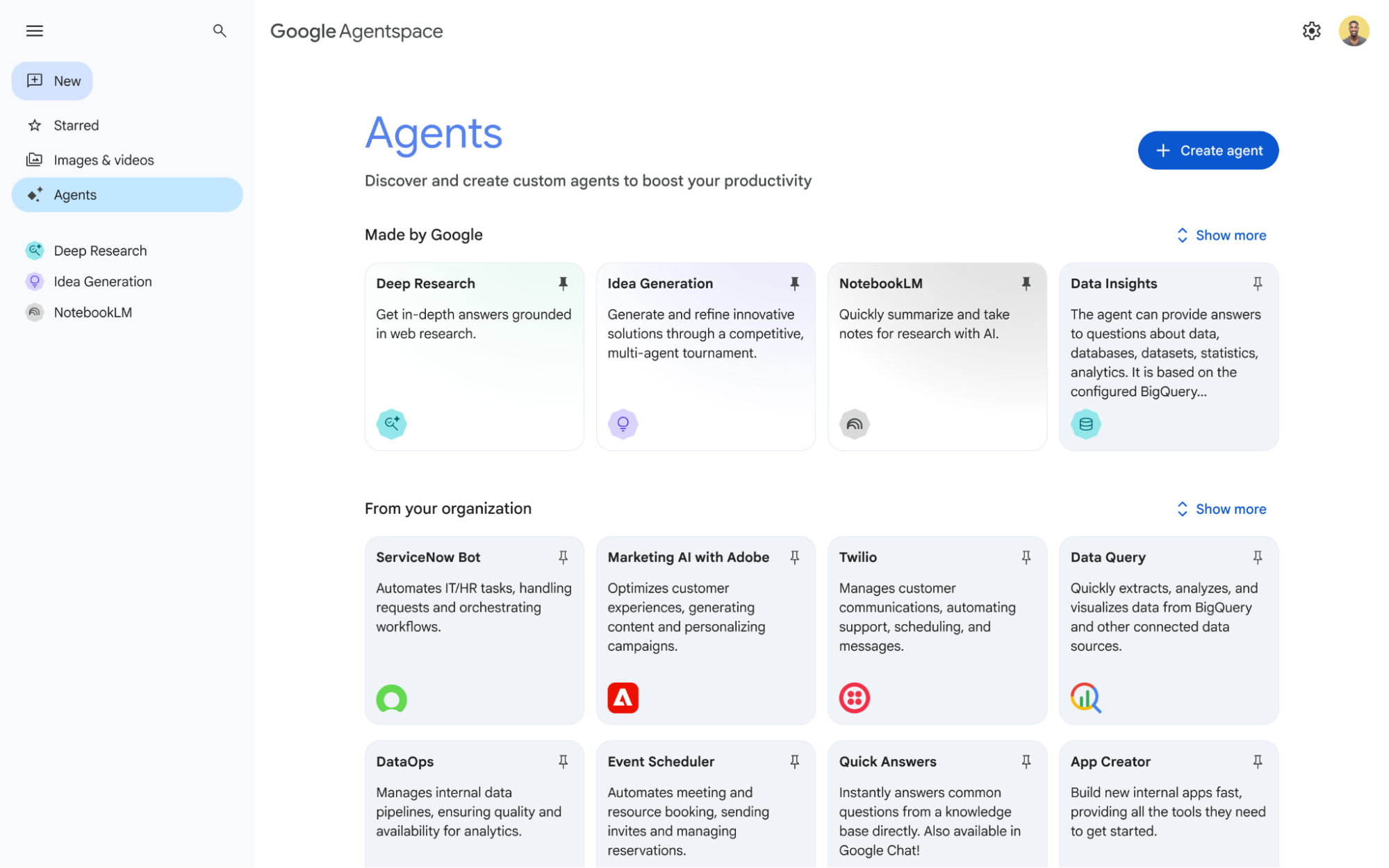 Giao diện Google Agentspace, nơi khám phá và tạo các agent tùy chỉnh.