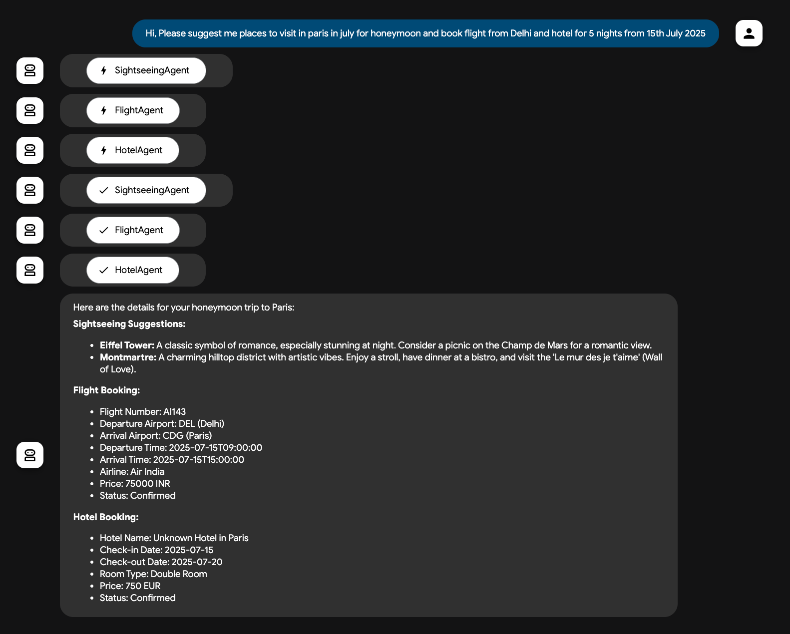 Agent điều phối sử dụng các AgentTools để xử lý yêu cầu phức tạp