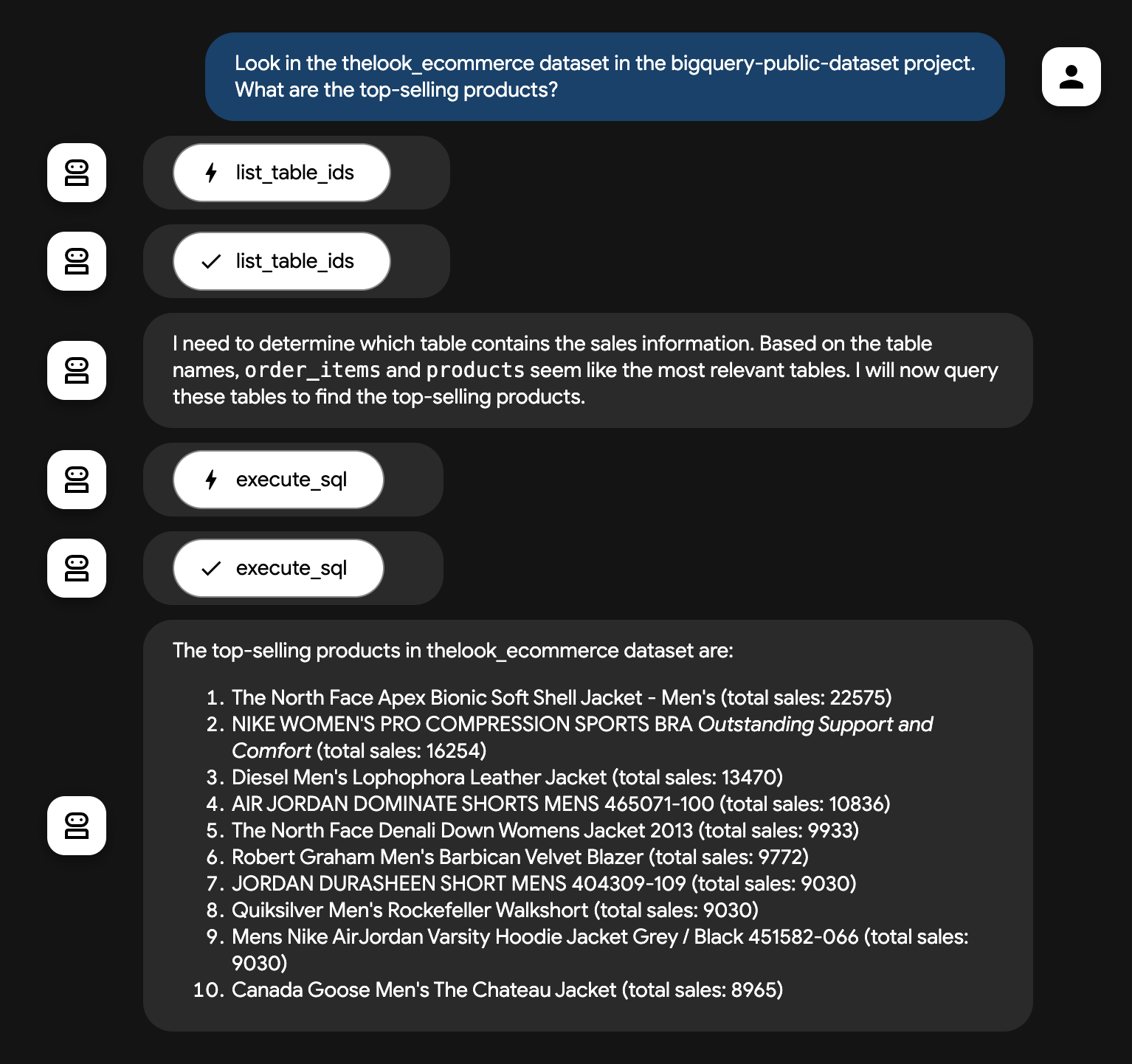 Kết quả agent trả về danh sách sản phẩm bán chạy nhất sau khi truy vấn BigQuery.